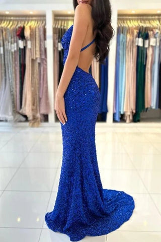 Vestido de fiesta formal azul real largo con escote en V, tirantes finos, espalda descubierta y lentejuelas