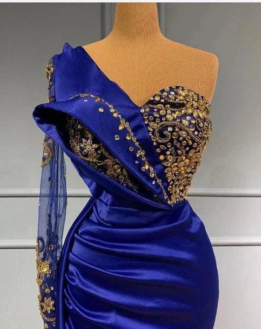 Royal Blue Long One Shoulder Mermaid Prom Dresses with Sleeves by misshow.com