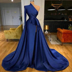 Royal Blue Long Sleeves One Shoulder A-line Split Prom Dresses by misshow.com