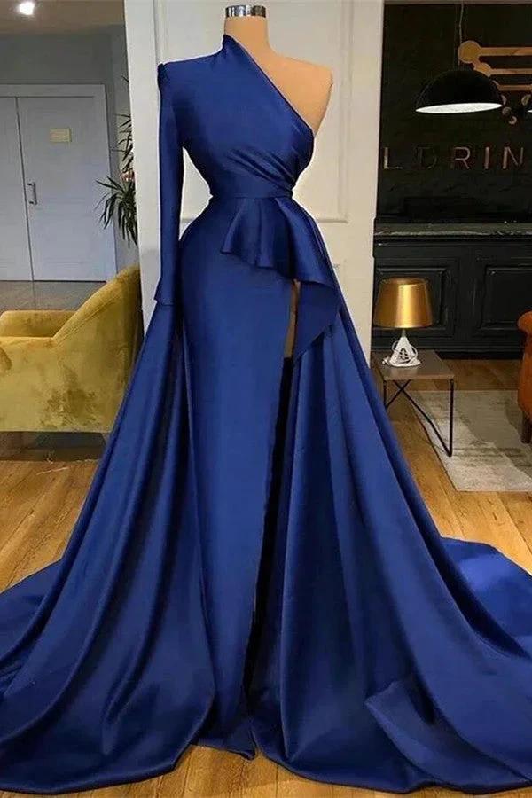 Royal Blue Long Sleeves One Shoulder A-line Split Prom Dresses by misshow.com