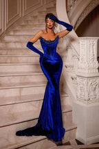 Royal Blue Long Velvet Beading Sleeveless Mermaid Prom Dresses by misshow.com