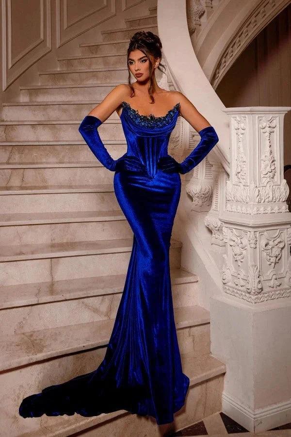 Royal Blue Long Velvet Beading Sleeveless Mermaid Prom Dresses by misshow.com