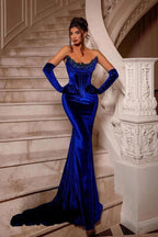 Royal Blue Long Velvet Beading Sleeveless Mermaid Prom Dresses by misshow.com