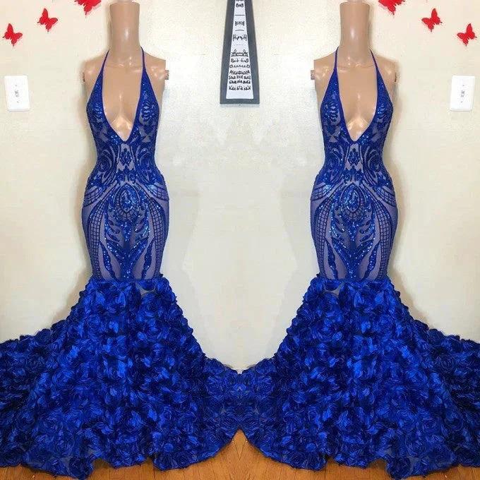 Royal Blue Mermaid Prom Dress Flowers Bottom Sequins V-Neck by misshow.com