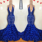 Royal Blue Mermaid Prom Dress Flowers Bottom Sequins V-Neck by misshow.com