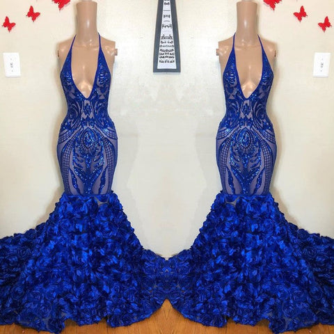 Royal Blue Mermaid Prom Dress Flowers Bottom Sequins V-Neck