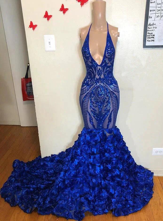 Royal Blue Mermaid Prom Dress Flowers Bottom Sequins V-Neck by misshow.com