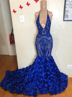 Royal Blue Mermaid Prom Dress Flowers Bottom Sequins V-Neck by misshow.com