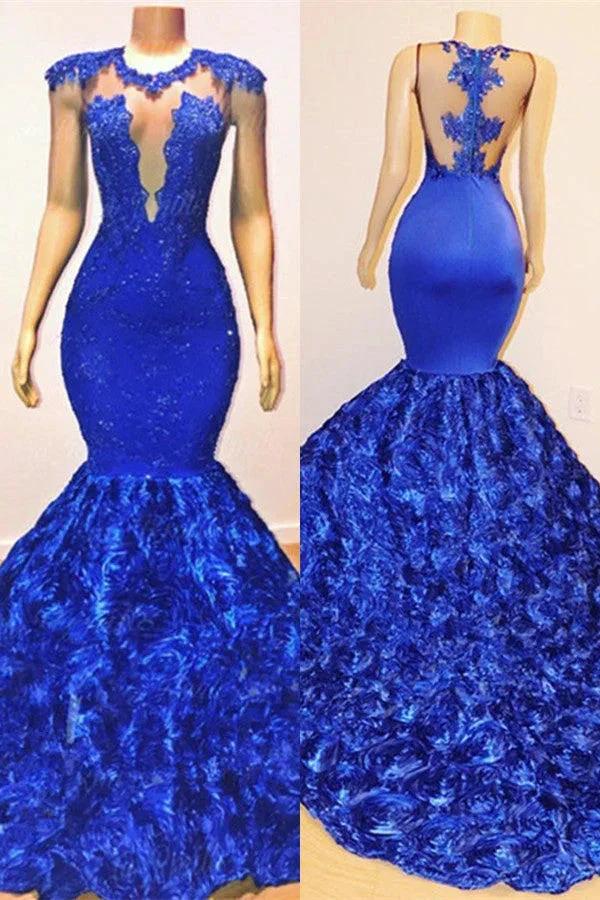 Royal Blue Mermaid Sexy Flowers Sleeveless Sheer Evening Dress by misshow.com