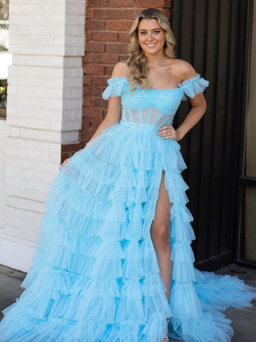 Adalynn | Königsblaues, schulterfreies, gerüschtes, gestuftes Tüll-Ballkleid mit Schlitz