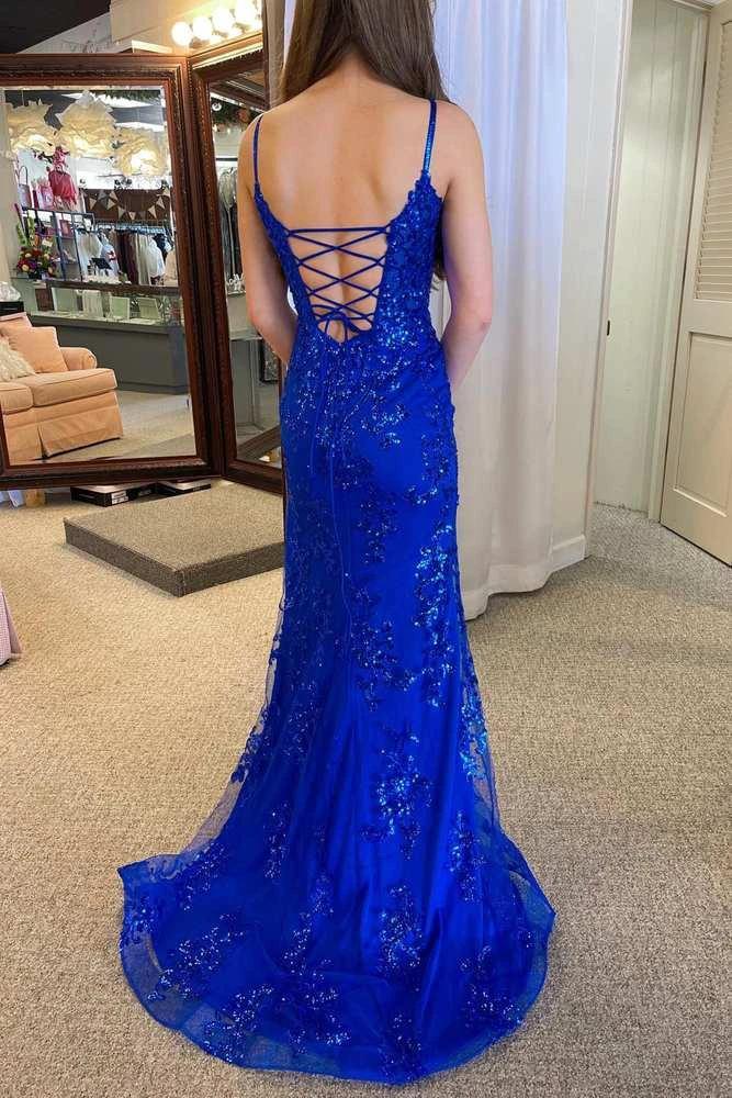 Harmonia | Royal Blue Plunging Neck Sweep Train Lace Prom Dress by KissProm