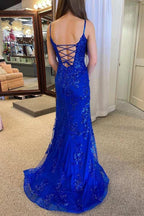 Harmonia | Royal Blue Plunging Neck Sweep Train Lace Prom Dress by KissProm
