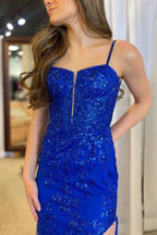 Harmonia | Royal Blue Plunging Neck Sweep Train Lace Prom Dress by KissProm