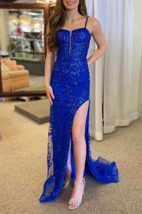 Harmonia | Royal Blue Plunging Neck Sweep Train Lace Prom Dress by KissProm