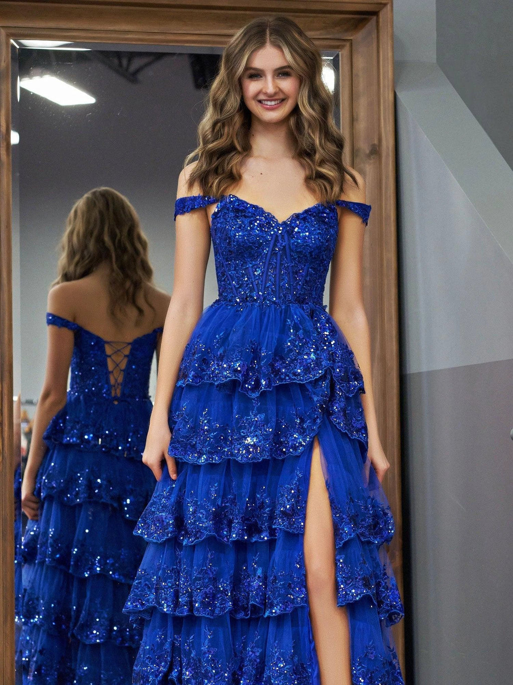 Royal Blue Princess A Line Off the Shoulder Corset Prom Dress with Lace Ruffles by KissProm