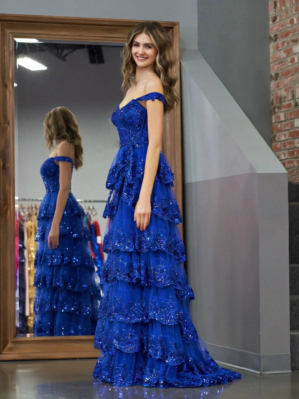 Royal Blue Princess A Line Off the Shoulder Corset Prom Dress with Lace Ruffles by KissProm