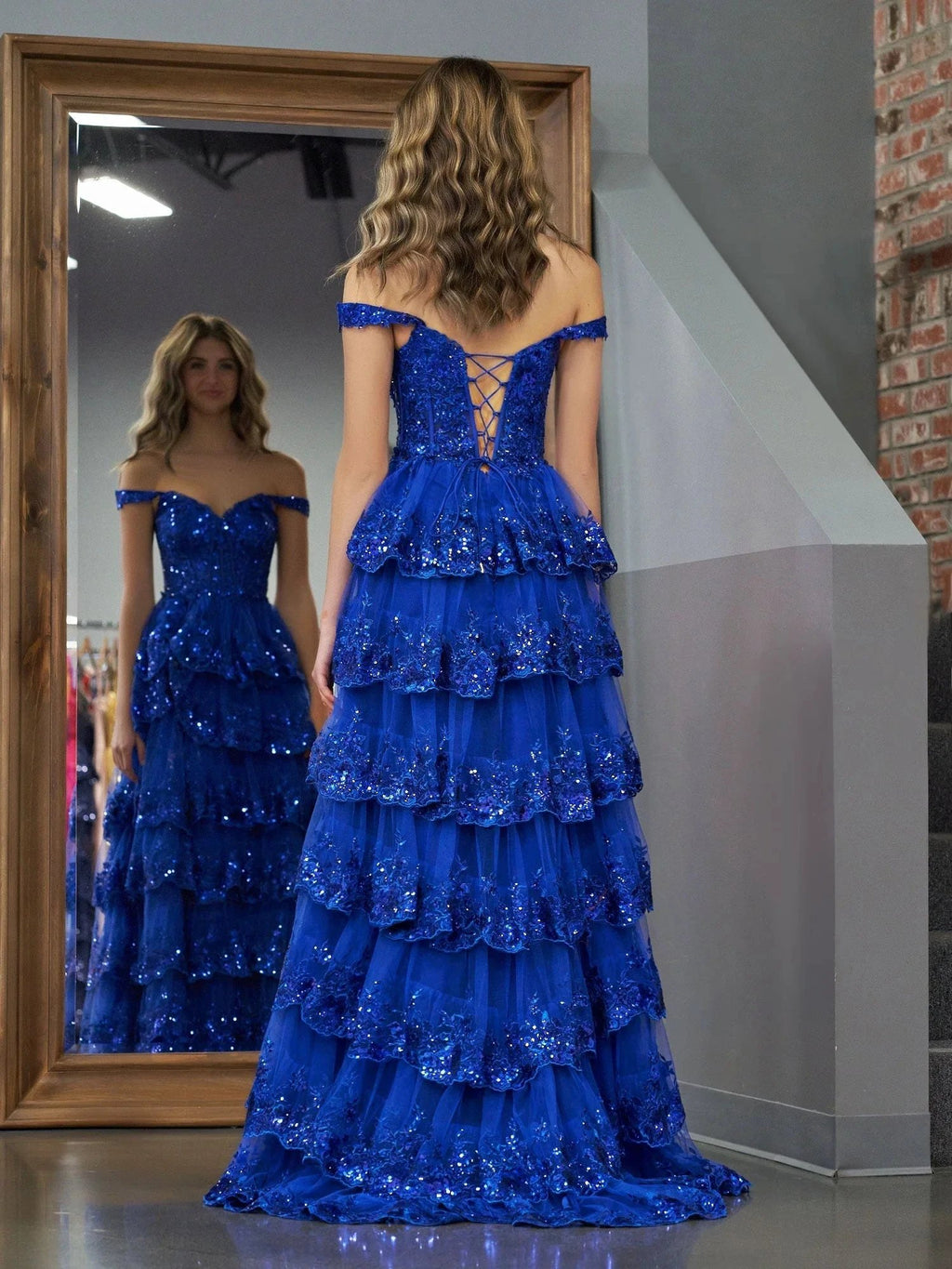 Royal Blue Princess A Line Off the Shoulder Corset Prom Dress with Lace Ruffles by KissProm