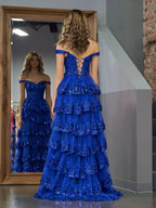 Royal Blue Princess A Line Off the Shoulder Corset Prom Dress with Lace Ruffles by KissProm