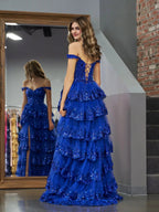 Royal Blue Princess A Line Off the Shoulder Corset Prom Dress with Lace Ruffles by KissProm