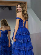 Royal Blue Princess A Line Off the Shoulder Corset Prom Dress with Lace Ruffles by KissProm