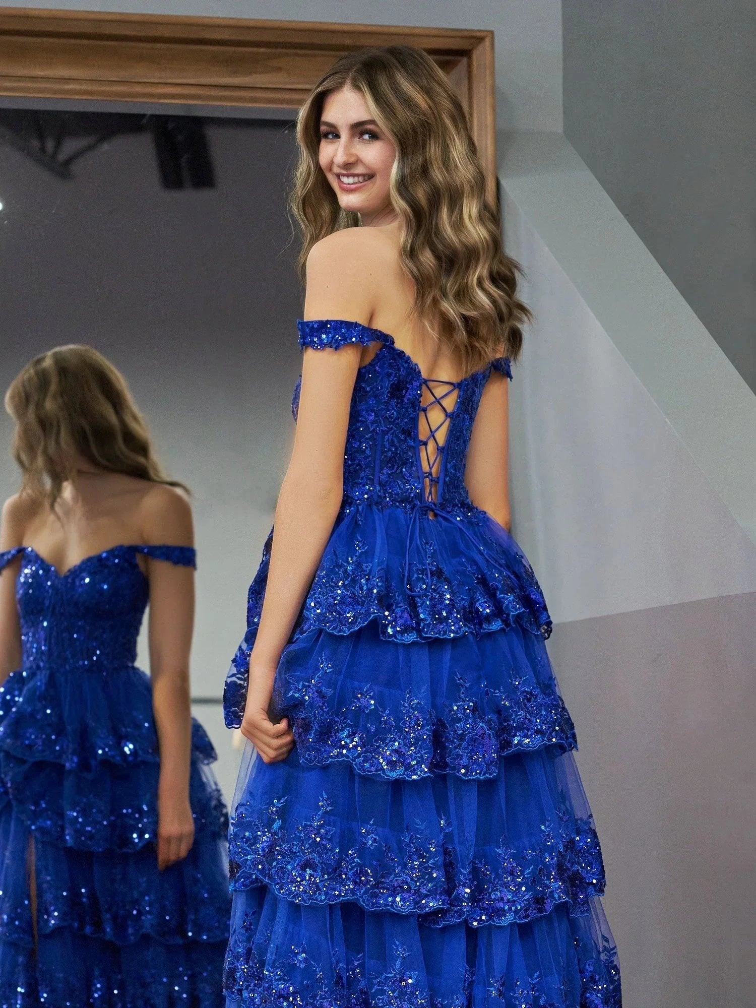 Royal Blue Princess A Line Off the Shoulder Corset Prom Dress with Lace Ruffles by KissProm