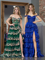 Royal Blue Princess A Line Off the Shoulder Corset Prom Dress with Lace Ruffles by KissProm