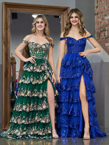 Königsblaues Prinzessinnen-A-Linien-Ballkleid mit schulterfreiem Korsett und Spitzenrüschen