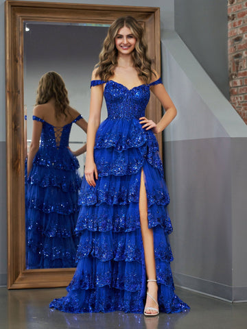Königsblaues Prinzessinnen-A-Linien-Ballkleid mit schulterfreiem Korsett und Spitzenrüschen