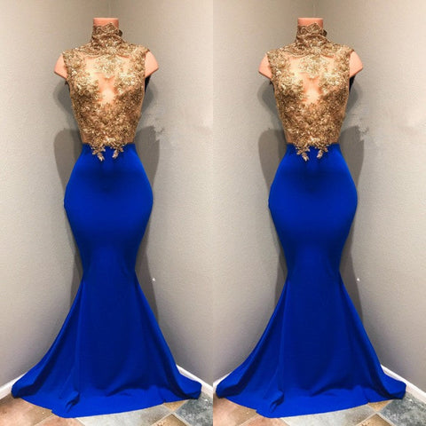 Royal-blue Prom Dress Lace Appliques Evening Dress
