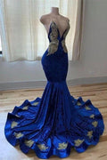 Royal Blue V-neck Spaghetti Straps Beading Sleeveless Floor-length Mermaid Prom Dresses by misshow.com