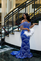 Luxury Glacial Silver Beaded Prom Dress – Crystal Fringe Mermaid Gown with Feather Accents | 2026 Couture Evening Collection (ZD17400)