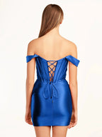 Fuchsia Sheath Off the Shoulder Short Satin Homecoming Dress by KissProm