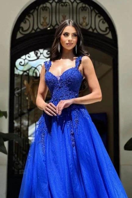 Royal Long Blue Sleeveless Prom Dresses A-line Lace Evening Dresses by misshow.com
