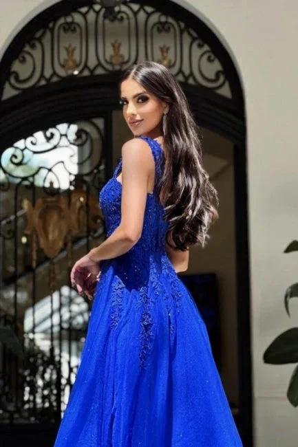 Royal Long Blue Sleeveless Prom Dresses A-line Lace Evening Dresses by misshow.com