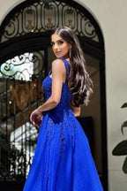Royal Long Blue Sleeveless Prom Dresses A-line Lace Evening Dresses by misshow.com