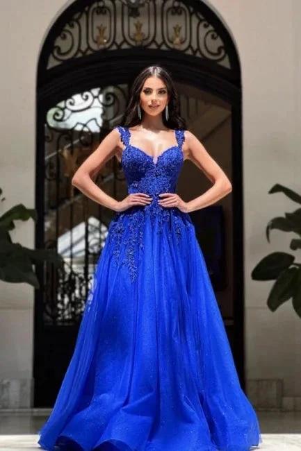 Royal Long Blue Sleeveless Prom Dresses A-line Lace Evening Dresses by misshow.com