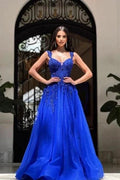 Royal Long Blue Sleeveless Prom Dresses A-line Lace Evening Dresses by misshow.com