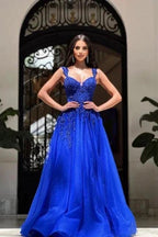 Royal Long Blue Sleeveless Prom Dresses A-line Lace Evening Dresses by misshow.com