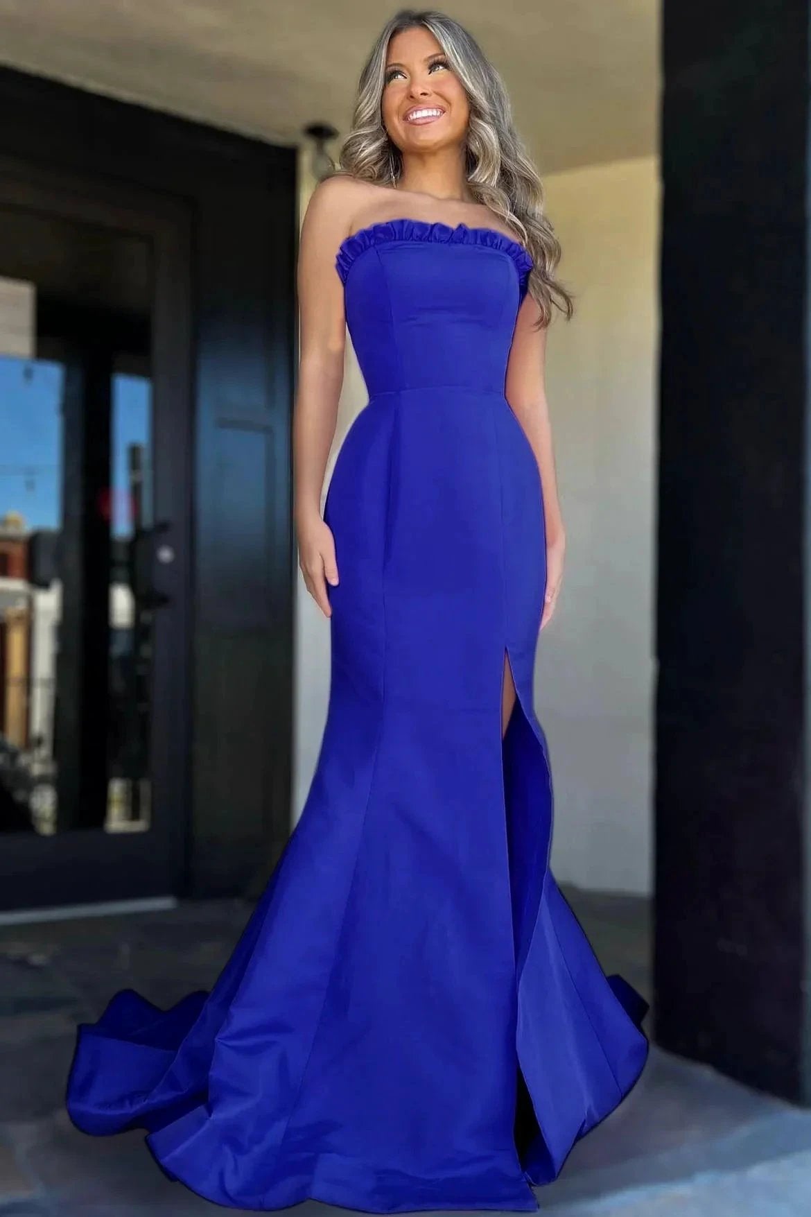 Denver | Strapless Maganta Ruffle Mermaid Slit Long Prom Dress by KissProm