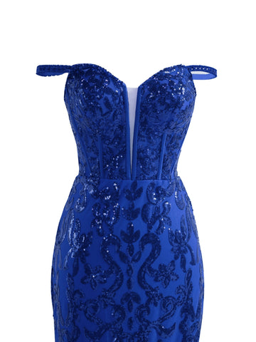 Vestido de fiesta largo con lentejuelas y abertura en azul brillante