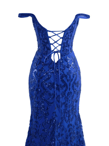 Vestido de fiesta largo con lentejuelas y abertura en azul brillante