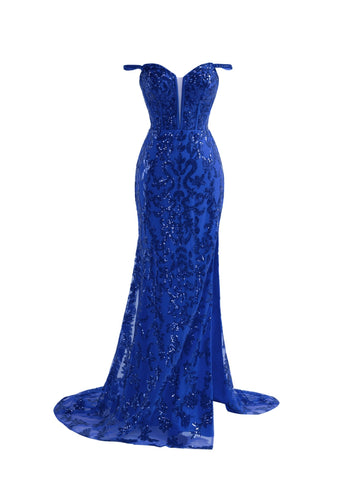 Vestido de fiesta largo con lentejuelas y abertura en azul brillante