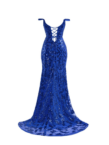 Vestido de fiesta largo con lentejuelas y abertura en azul brillante