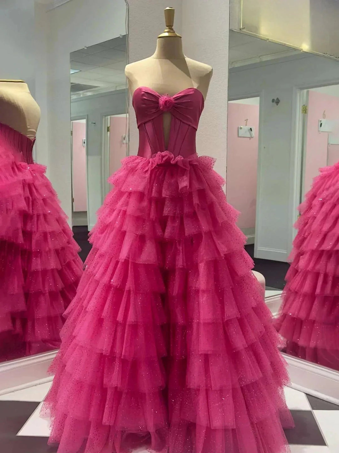 Rozara | Fuchsia A-Line Sweetheart Keyhole Tiered Tulle Long Prom Dresses by KissProm