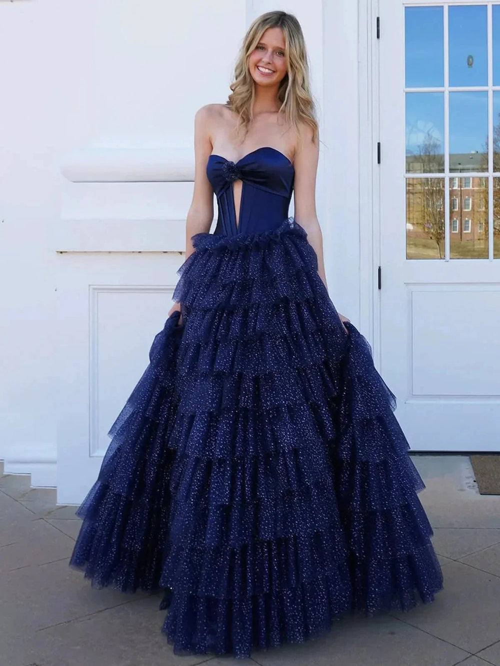 Rozara | Fuchsia A-Line Sweetheart Keyhole Tiered Tulle Long Prom Dresses by KissProm