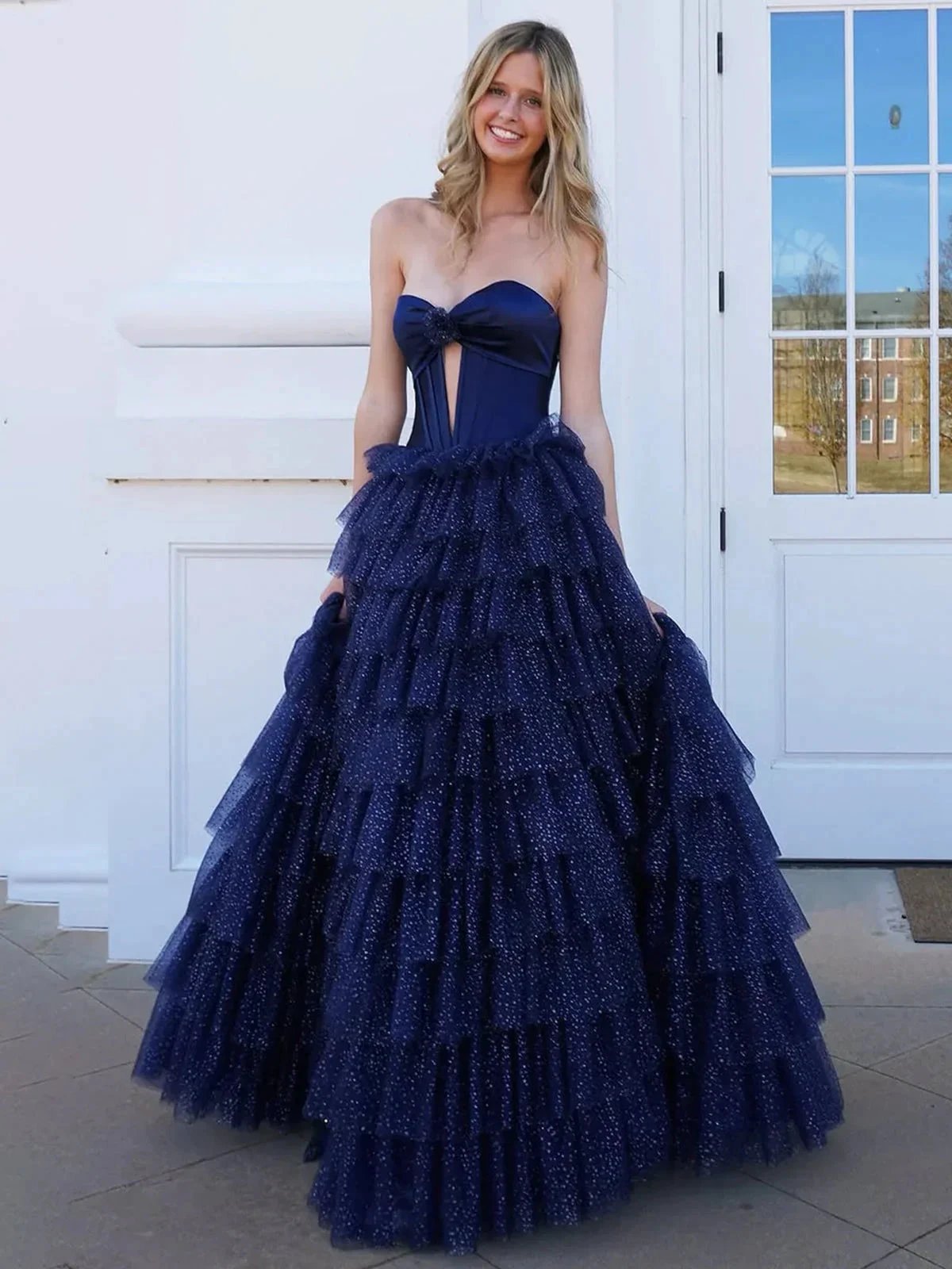 Rozara | Fuchsia A-Line Sweetheart Keyhole Tiered Tulle Long Prom Dresses by KissProm