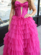 Rozara | Fuchsia A-Line Sweetheart Keyhole Tiered Tulle Long Prom Dresses by KissProm