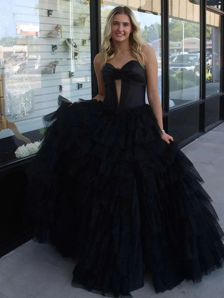 Rozara | Fuchsia A-Line Sweetheart Keyhole Tiered Tulle Long Prom Dresses by KissProm