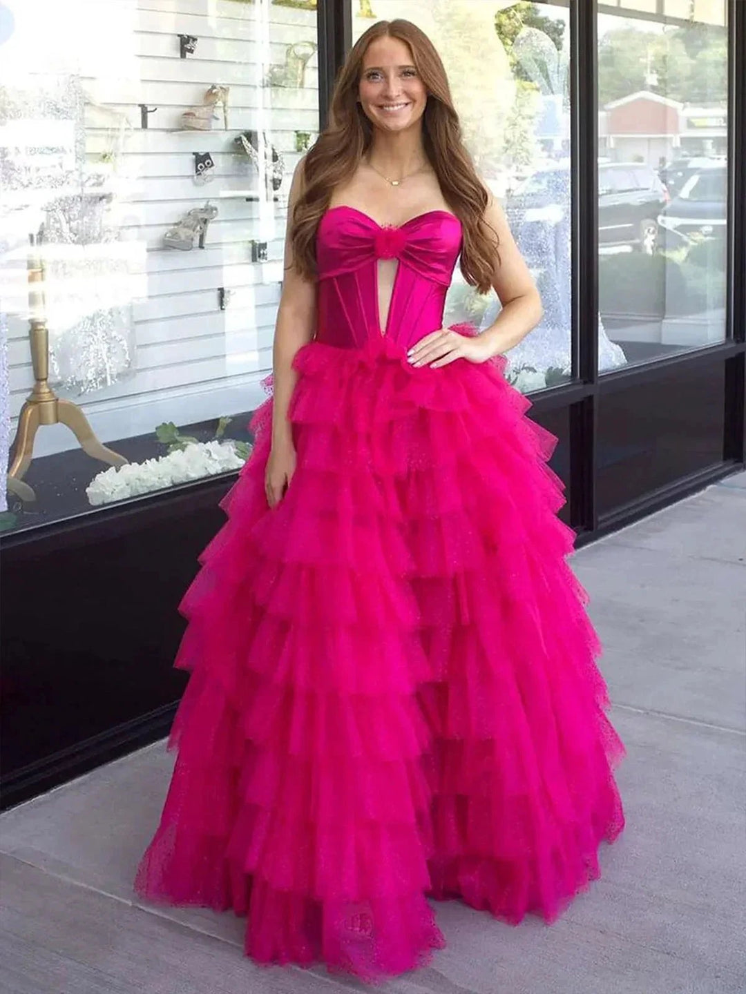 Rozara | Fuchsia A-Line Sweetheart Keyhole Tiered Tulle Long Prom Dresses by KissProm
