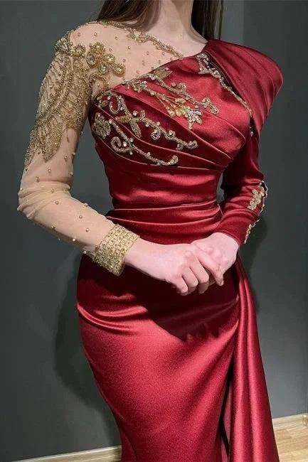 Robe de bal en satin extensible rouge rubis, à manches longues asymétriques, coupe sirène avec volants